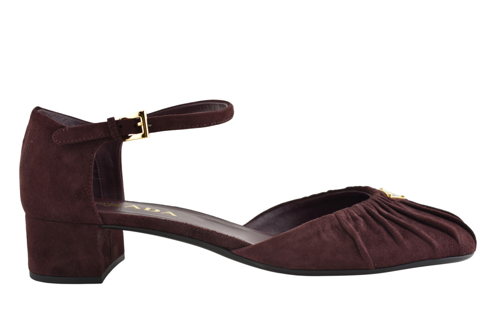 Prada 35mm Bordeaux Red Scrunched Suede Block Heel Ankle Strap Mary Jane Pump 40
